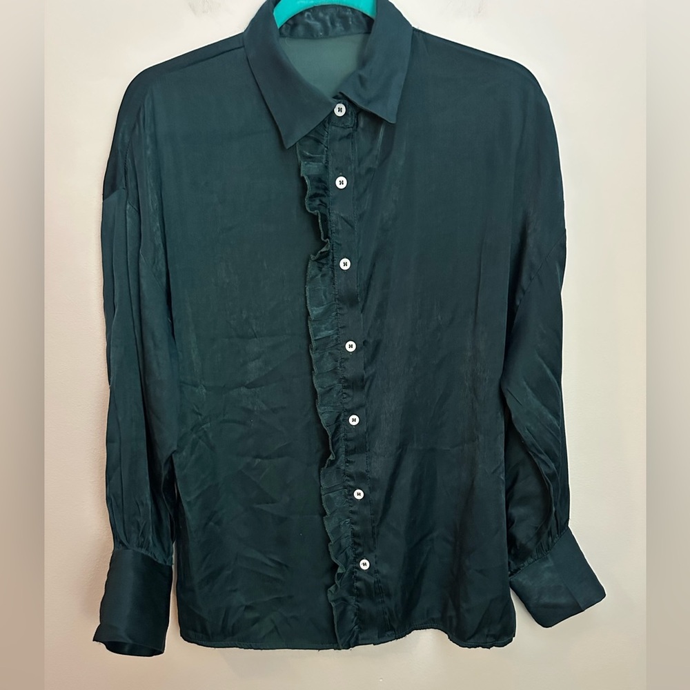 Y2K Satin Ruffle Front Blouse Small Green